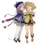 2girls :d absurdres artist_name bead_necklace beads bell boots bow-shaped_hair brown_hair closed_eyes coin_purse commentary_request dated flower full_body genshin_impact grey_hair hair_bell hair_ornament hat highres holding holding_plate jewelry jiangshi_costume koebushi_(mat) long_hair long_sleeves looking_at_viewer lotus multiple_girls necklace plate pom_pom_(clothes) purple_eyes qing_guanmao qiqi_(genshin_impact) shorts simple_background skindentation smile standing thighhighs white_background white_thighhighs yaoyao_(genshin_impact) 