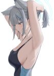  1girl absurdres animal_ears armpits arms_up blue_archive blush breasts cleavage competition_swimsuit cross_hair_ornament extra_ears grey_hair hair_ornament halo highres large_breasts looking_down mouth_hold one-piece_swimsuit rubber_band shiroko_(blue_archive) shiroko_(swimsuit)_(blue_archive) sideboob sidelocks simple_background solo swimsuit terano_naa two-tone_one-piece_swimsuit tying_hair upper_body white_background wolf_ears 