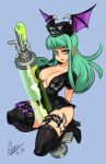  1girl alex_ahad bags_under_eyes bat_wings boots breasts cleavage demon_girl green_hair hat head_wings highres holding holding_syringe large_breasts large_syringe light_blue_background long_hair looking_at_viewer morrigan_aensland nurse nurse_cap official_alternate_color official_alternate_costume oversized_object parted_lips signature solo syringe thigh_boots vampire_(game) wings yellow_eyes 