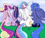  anthro anthrofied anus blue_body blue_fur blue_hair breasts butt butt_grab cutie_mark dock equid equine feathered_wings feathers female female/female friendship_is_magic fur genitals group hair hand_on_butt hasbro hi_res horn mammal multicolored_hair my_little_pony nipples pink_body pink_fur princess_cadance_(mlp) princess_celestia_(mlp) princess_luna_(mlp) purple_body purple_fur purple_hair pussy sailoranna tail tongue tongue_out twilight_sparkle_(mlp) two_tone_hair unicorn_horn white_body white_fur winged_unicorn wings 