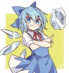 1girl blue_bow blue_dress blue_eyes blue_hair bow cirno commentary crossed_arms detached_wings dress frozen_frog grin hair_bow highres ice ice_wings looking_at_viewer minoru_minoru pointing short_hair short_sleeves signature smile solo symbol-only_commentary touhou v-shaped_eyebrows wings yellow_background 