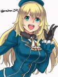 1girl atago_(kancolle) black_gloves blonde_hair blue_eyes blue_headwear blue_jacket breasts commentary_request gloves hair_between_eyes highres jacket kantai_collection large_breasts long_hair long_sleeves maakun_(makun_dx) military_uniform one-hour_drawing_challenge open_mouth simple_background smile solo teeth twitter_username uniform upper_body upper_teeth_only white_background 