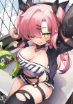  1girl :q arms_up bangboo_(zenless_zone_zero) black_ribbon black_shorts black_thighhighs blush breasts cleavage commentary_request crop_top detached_sleeves green_eyes hair_between_eyes hair_ornament hair_ribbon hairclip large_breasts long_hair mole mole_on_breast mole_under_eye nicole_demara o-ring pink_hair ribbon short_shorts shorts single_thighhigh sitting strapless ta_nuki thighhighs tongue tongue_out torn_clothes torn_thighhighs tube_top two_side_up zenless_zone_zero 
