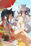  2girls absurdres animal_ears arknights beach_umbrella bikini black_hair blue_eyes blue_sky bodysuit coconut coconut_cup ear_piercing extra_ears fingerless_gloves gloves grey_gloves hair_between_eyes hand_on_own_hip highres jacket lappland_(arknights) looking_at_viewer multicolored_hair multiple_girls outdoors photoshop_(medium) piercing pinenut_sn ponytail profile red_bodysuit red_hair scar scar_across_eye sideways_glance sky streaked_hair swimsuit tail texas_(arknights) two-tone_bikini umbrella white_bikini white_hair white_jacket wolf_ears wolf_girl wolf_tail yellow_bikini yellow_eyes 