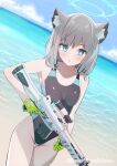  1girl absurdres animal_ear_fluff animal_ears assault_rifle beach black_one-piece_swimsuit blue_archive blue_eyes blue_sky breasts cloud competition_swimsuit cowboy_shot cross_hair_ornament day dutch_angle extra_ears gloves green_gloves grey_hair gun hair_ornament halo highres horizon kojima_takeshi medium_breasts medium_hair mismatched_pupils multicolored_clothes multicolored_swimsuit ocean official_alternate_costume one-piece_swimsuit outdoors rifle shiroko_(blue_archive) shiroko_(swimsuit)_(blue_archive) sky solo swimsuit weapon wolf_ears 