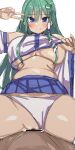  1boy 1girl :q bar_censor blue_eyes blue_skirt blush breasts censored closed_mouth clothes_pull clothing_aside commentary frog_hair_ornament girl_on_top golgi_hon green_hair hair_ornament hetero highres kochiya_sanae long_hair looking_at_viewer panties panties_aside plump pov pulled_by_self sex shirt_pull simple_background skirt smile snake_hair_ornament solo_focus tongue tongue_out touhou underboob underwear v white_background white_panties 