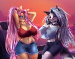  anthro big_breasts breasts canid canid_demon car cleavage clothed clothing collar demon duo equid equine female fluffy fluffy_tail fluttershy_(mlp) friendship_is_magic hair hands_behind_head hasbro hellhound helluva_boss hi_res horse kiwanoni long_hair looking_at_viewer loona_(helluva_boss) mammal my_little_pony pony spiked_collar spikes tail thick_thighs vehicle wide_hips 
