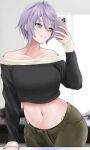  1girl azur_lane bare_shoulders black_shirt cellphone character_request commentary_request cowboy_shot crop_top grey_pants grin hair_between_eyes highres holding holding_phone jakqbigone long_sleeves midriff navel off-shoulder_shirt off_shoulder pants phone purple_eyes purple_hair shirt short_hair smartphone smile solo stomach 