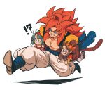  !? 1boy absurdres biceps black_wristband blue_eyes blue_sash body_fur bra_(dragon_ball) carrying dragon_ball dragon_ball_gt gogeta highres metamoran_vest monkey_boy monkey_tail muscular muscular_male no_nipples pan_(dragon_ball) pants pectorals red_hair relio_db318 sash simple_background smile spiked_hair spoken_interrobang super_saiyan super_saiyan_4 tail white_pants 