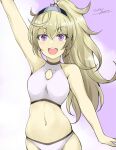  1girl alternate_hairstyle bikini blonde_hair breasts cowboy_shot gakky gambier_bay_(kancolle) halterneck kantai_collection large_breasts multicolored_hairband navel one-hour_drawing_challenge open_mouth ponytail purple_eyes round_teeth smile solo swimsuit teeth turtleneck upper_teeth_only waving white_bikini 