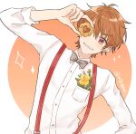  1boy arm_up bow bowtie brown_background brown_hair collared_shirt dress_shirt flower food grey_bow grey_bowtie hair_between_eyes heart highres holding holding_food leaning_to_the_side long_sleeves luke_pearce_(tears_of_themis) male_focus mtkignsn red_eyes shirt smile solo sparkle suspenders tears_of_themis thick_eyebrows two-tone_background upper_body v-shaped_eyebrows white_background white_shirt yellow_flower 