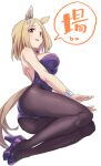  1girl animal_ears black_pantyhose blonde_hair blush bob_cut breasts cleavage commentary_request detached_collar full_body hair_ornament high_heels highres horse_ears horse_girl horse_tail large_breasts legs looking_at_viewer medium_hair narita_top_road_(umamusume) open_mouth pantyhose parted_bangs partial_commentary playboy_bunny simple_background solo speech_bubble starheart tail towel umamusume white_background wrist_cuffs yellow_eyes 