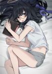  1girl absurdres bare_legs black_hair blue_archive blue_eyes blue_hairband book dolphin_shorts feet_out_of_frame glasses grey_shorts hair_between_eyes hairband halo highres holding holding_book knee_up legs long_hair looking_at_viewer lying midriff_peek on_bed on_side open_mouth round_eyewear shirt short_shorts shorts solo ui_(blue_archive) wakamepiza white_shirt 