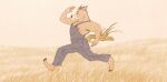  anthro armpit_hair barefoot blonde_hair blonde_mane blue_overalls body_hair brown_body brown_fur clothing cseed equid equine feet field fur hair horse male mammal mane nipples overalls solo tan_sky wheat_field 