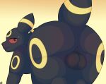  annoyed backsack balls black_body bodily_fluids butt eeveelution feral generation_2_pokemon genitals hi_res looking_at_viewer looking_back male nintendo noirnoir perineum pokemon pokemon_(species) raised_tail red_eyes simple_background solo sweat tail umbreon yellow_body 