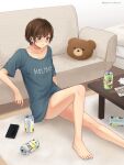  1girl animal_pillow artist_name bare_legs barefoot beer_can blue_shirt blush brown_hair can cellphone chopsticks collarbone commentary_request commission couch green_eyes highres indoors knee_up living_room original phone pillow pixiv_commission setu_kurokawa shirt short_hair short_sleeves sitting smartphone solo t-shirt twitter_username watermark 