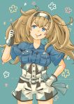  1girl :d absurdres blonde_hair blue_background blue_eyes blue_shirt blush breast_pocket breasts collared_shirt gambier_bay_(kancolle) gloves hair_between_eyes hairband highres kantai_collection large_breasts long_hair multicolored_hairband pocket pot-de shirt short_sleeves simple_background smile solo twintails 