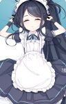  1girl apron aris_(blue_archive) aris_(maid)_(blue_archive) black_dress black_hair blue_archive blue_ribbon closed_eyes collared_dress commentary_request dress feet_out_of_frame flat_chest frilled_apron frills highres long_hair lying maid maid_headdress neck_ribbon nta_(drapa_box10) on_back paid_reward_available parted_lips puffy_short_sleeves puffy_sleeves ribbon short_sleeves side_ponytail sidelocks solo very_long_hair white_apron wrist_cuffs 