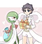  2girls arms_behind_back black_hair blue_eyes blush bob_cut box closed_mouth coat collarbone colored_skin commentary_request cowboy_shot diantha_(pokemon) eye_contact flat_chest from_side gardevoir gift gift_box green_hair green_skin hands_up happy heart holding holding_box holding_gift holding_sack jewelry jpeg_artifacts long_sleeves looking_at_another multicolored_skin multiple_girls musical_note necklace open_clothes open_coat open_mouth orange_ribbon outline partial_commentary pink_background pokemon pokemon_(creature) pokemon_(game) pokemon_xy profile red_eyes red_ribbon ribbon sack shirt short_hair short_shorts shorts smile split_mouth standing suzu_(pixiv_32232702) thighs two-tone_skin white_coat white_outline white_shirt white_shorts white_skin white_wings wings 