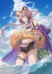  1girl absurdres animal_ears arknights bare_shoulders bikini black_bikini blue_sky commentary_request day food fruit highres innertube krin_(krinnin) lin_(arknights) long_hair looking_at_viewer mouse_ears nail_polish navel official_alternate_costume purple_eyes purple_hair purple_nails sky solo stomach swimsuit thighs very_long_hair wading water watermelon 