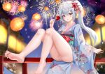  1girl absurdres barefoot blue_hair blue_kimono blurry blurry_background blush building candy_apple commentary_request crossed_bangs feet fireworks floral_print flower food hair_flower hair_ornament highres holding holding_food japanese_clothes kimono lantern long_hair looking_at_viewer night no_shoes obi open_mouth original panties paper_lantern pink_panties ponytail print_kimono qyan railing sash sidelocks sitting smile soles solo thighs toes underwear wide_sleeves 
