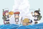  4girls ahoge akebono_(kancolle) bell black_hair black_socks blue_sailor_collar blue_skirt day flower hair_bell hair_flower hair_ornament jingle_bell kantai_collection light_brown_hair long_hair machinery multiple_girls oboro_(kancolle) ocean outdoors pink_flower pink_hair pleated_skirt purple_hair rigging saiguchi_otoufu sailor_collar sazanami_(kancolle) school_uniform serafuku short_hair short_sleeves side_ponytail skirt smokestack socks standing standing_on_liquid twintails ushio_(kancolle) water white_socks 