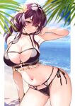  1girl bare_shoulders beach bikini black_bikini blue_sky blush breasts choker cleavage collarbone flower grin hair_flower hair_ornament highres honkai:_star_rail honkai_(series) kafka_(honkai:_star_rail) large_breasts long_hair looking_at_viewer navel ocean palm_leaf ponytail purple_eyes purple_hair seiru_(prairie) shore sidelocks sky smile solo swimsuit thighs 