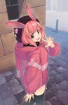  1girl :d animal_ears animal_hood arm_at_side arukiru black_headwear black_thighhighs blunt_bangs brick_floor building day feet_out_of_frame from_above from_side hand_up hat highres hood hood_down hoodie jacket light_blush long_sleeves looking_at_viewer looking_to_the_side nail_polish open_mouth original outdoors pink_eyes pink_hair pocket puffy_long_sleeves puffy_sleeves rabbit_ears rabbit_hood red_hoodie red_jacket red_nails short_hair sidelocks smile solo teeth thighhighs upper_teeth_only v walking zettai_ryouiki 