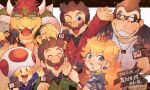  1girl 5boys absurdres animal_ears black_shirt blonde_hair blue_eyes blue_jacket bowser bracelet brown_hair claws closed_eyes collared_shirt crown donkey_kong facial_hair fangs glasses green_jacket grin hanaon hand_to_own_face highres holding holding_microphone horns jacket jewelry long_hair luigi mario mario_(series) microphone mini_crown monkey multicolored_eyes multiple_boys mushroom mustache one_eye_closed open_mouth orange_eyes parted_lips princess_peach red_hair red_jacket shirt short_hair smile sparkle teeth thick_eyebrows toad_(mario) twitter_username 