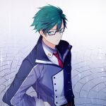  1boy blue_coat closed_mouth coat collared_shirt eiyuu_densetsu green_eyes green_hair hand_on_own_hip highres looking_at_viewer machias_regnitz male_focus necktie rain red_necktie semi-rimless_eyewear sen_no_kiseki sen_no_kiseki_iii shirt short_hair soap_(user_kghh4755) solo under-rim_eyewear upper_body white_shirt 