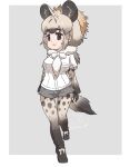  1girl animal_ears animal_print arms_at_sides black_hair bodystocking border breast_pocket brown_eyes brown_hair chibi colored_inner_hair extra_ears full_body fur_scarf grey_hair grey_shorts hyena_ears hyena_girl hyena_tail kemono_friends layered_sleeves light_brown_hair long_hair long_sleeves multicolored_hair outside_border parted_lips pocket scarf shirt shoes short_over_long_sleeves short_shorts short_sleeves shorts signature smile solo spotted_hyena_(kemono_friends) tail tatsuno_newo walking white_border white_shirt 