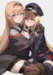  annoyed blonde_hair blue_eyes blush boots bow chorogon commission commissioner_upload east_german girls&#039;_frontline green_eyes grin hat headband highres hug looking_at_viewer military_hat military_uniform necktie smile stg-940_(girls&#039;_frontline) stg44_(girls&#039;_frontline) thighhighs uniform 