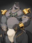  abs accessory alternate_version_at_source anthro black_body black_scales bottomwear bulge clothing dinosaur gold_(metal) gold_jewelry hi_res jewelry loincloth looking_at_viewer male muscular muscular_anthro muscular_male muscular_thighs necklace pecs red_eyes reptile scales scalie smile solo solo_focus theropod typhek tyrannosaurid tyrannosaurus tyrannosaurus_rex vo7gu46xduh36 