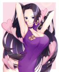  1girl armpits arms_behind_back black_choker black_hair blue_eyes boa_hancock breasts choker cleavage covered_navel crazy_otama dress earrings heart jewelry large_breasts long_hair looking_at_viewer one_piece purple_dress smile snake_earrings solo 