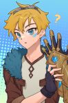  1boy ? black_gloves blonde_hair blue_background brown_jacket ezreal fingerless_gloves fur-trimmed_jacket fur_trim gauntlets gloves goggles goggles_on_head green_eyes highres jacket league_of_legends male_focus odanju open_clothes open_jacket short_hair solo upper_body 