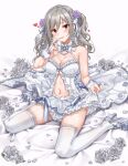  1girl bare_shoulders blush breasts bridal_gauntlets brooch cleavage dress flower frills full_body gloves grey_footwear grey_hair grey_rose hair_flower hair_ornament hairband heart high_heels highres idolmaster idolmaster_cinderella_girls jewelry kanzaki_ranko long_hair looking_at_viewer medium_breasts navel necklace pearl_hair_ornament pearl_necklace petals red_eyes revealing_clothes rose sirurabbit sitting smile solo sweat thighhighs tongue tongue_out twintails wariza wavy_hair white_dress white_gloves white_thighhighs 