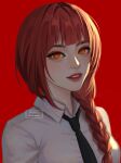  1girl artist_name black_necktie blunt_bangs braid chainsaw_man collared_shirt eyelashes formal hair_over_shoulder highres looking_at_viewer makima_(chainsaw_man) necktie portrait red_background red_hair red_lips ringed_eyes shirt silphori simple_background single_braid smile solo watermark white_shirt yellow_eyes 
