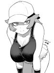  1girl baseball_cap breasts closed_mouth collarbone dated greyscale hat large_breasts looking_at_viewer monochrome pokemon pokemon_(game) pokemon_sm punk_girl_(pokemon) short_hair signature simple_background smile solo tank_top tsukudani_(coke-buta) white_background wristband 