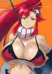  1girl bikini bikini_top_only bra breasts chikoinochi gloves gun highres huge_breasts long_hair looking_at_viewer ponytail red_hair rifle shorts smile sniper_rifle solo swimsuit tengen_toppa_gurren_lagann underwear weapon yellow_eyes yoko_littner 