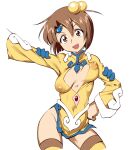  1girl breasts brown_eyes brown_hair circlet covered_nipples cowboy_shot funnyari hair_bobbles hair_ornament medium_breasts norma_beatty open_mouth short_hair smile solo tales_of_(series) tales_of_legendia thighhighs unaligned_breasts white_background 
