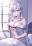  1girl ahoge bed blanket blush breasts grey_hair highres jewelry kabocha_torute kantai_collection lap_pillow long_hair looking_at_viewer medium_breasts nude pregnancy_test ring solo suzutsuki_(kancolle) wedding_ring window 