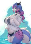  2023 anthro belly big_breasts blue_eyes blue_hair breasts clothed clothing dragon female hair hi_res horn lanya_(shian) long_hair multicolored_hair navel partially_submerged purple_hair shian solo tail thick_thighs translucent translucent_clothing two_tone_hair water wet wingless_dragon 