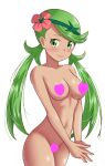  1girl absurdres blush breasts censored closed_mouth collarbone commentary_request completely_nude cowboy_shot eyelashes flower green_eyes green_hair hair_flower hair_ornament headband heart heart_censor highres long_hair looking_at_viewer maho_(corotonton5150) mallow_(pokemon) nude own_hands_together pink_flower pokemon pokemon_(game) pokemon_sm raised_eyebrows simple_background smile solo steepled_fingers swept_bangs twintails white_background 