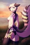 2023 anthro areola big_tail breasts canid canine canis clothed clothing cloud female fur hi_res kunstwaffe mammal nipples one_eye_closed outside panties sky smile tail teeth topless topless_anthro topless_female underwear undressing wolf 