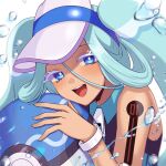  1girl ball beachball blue_eyes blue_hair colored_eyelashes dive_ball hair_between_eyes hatsune_miku highres long_hair looking_at_viewer open_mouth poke_ball pokemon project_voltage sani_(saaanii) smile tan twintails visor_cap vocaloid water water_miku_(project_voltage) 