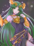  1girl alternate_color armlet breasts chain diadem dress forehead_jewel gold_chain green_eyes green_hair highres holding jewelry kid_icarus kid_icarus_uprising long_hair looking_at_viewer p_i_n_o palutena pendant single_thighhigh solo sparkle strapless strapless_dress super_smash_bros. thighhighs vambraces very_long_hair 