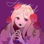  1girl anna_sprengel drill_hair english_text flower hair_flower hair_ornament long_hair looking_at_viewer loose_clothes nmdsk open_mouth own_hands_together pill pill_in_mouth pink_hair red_flower red_rose rose simple_background solo toaru_majutsu_no_index toaru_majutsu_no_index:_genesis_testament very_long_hair 
