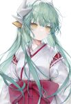  1girl breasts dmith dragon_girl dragon_horns fate/grand_order fate_(series) green_hair hakama highres horns japanese_clothes kimono kiyohime_(fate) long_hair long_sleeves looking_to_the_side medium_breasts miko multiple_horns red_hakama ribbon-trimmed_sleeves ribbon_trim white_kimono wide_sleeves yellow_eyes 