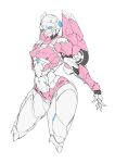  1girl android arcee axelnekokitty backpack bag blue_eyes breasts curvy flame_toys flame_toys_arcee helmet highres humanoid_robot medium_breasts panties pink_panties robot science_fiction simple_background solo thick_thighs thighs transformers underwear white_background 