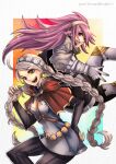  2girls ahoge braid capelet fire_emblem fire_emblem_fates grey_hair gzei hood hood_down hooded_capelet long_hair low_twin_braids multiple_girls nina_(fire_emblem) parted_bangs pink_hair red_capelet red_hood soleil_(fire_emblem) twin_braids 